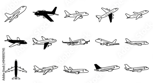 A collection of various airplanes in simple line drawings, some filled in black