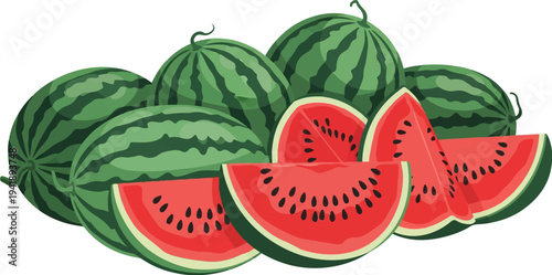A collection of whole and sliced watermelons against a white background