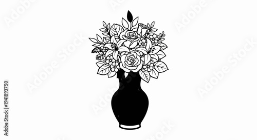 A black vase filled with a bouquet of intricately drawn flowers and leaves