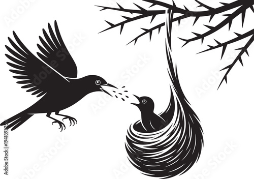 Bird feeding seeds to chick in hanging nest on thorny branch