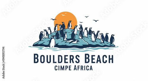 A colony of penguins gathered on a rocky island under an orange sun