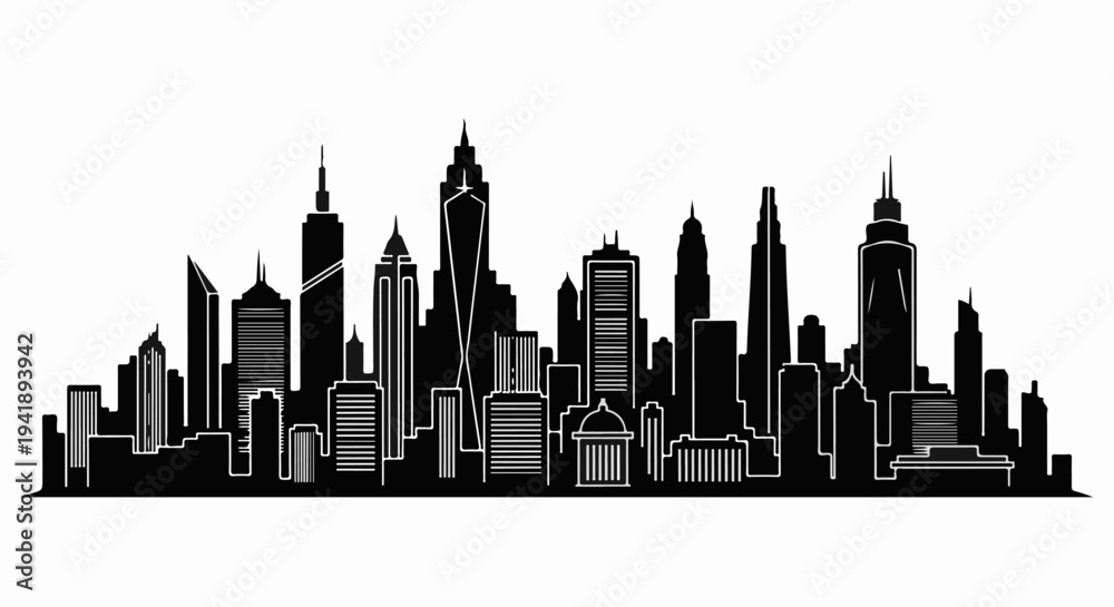 Obraz premium A black and white silhouette of a dense cityscape with varied skyscraper heights