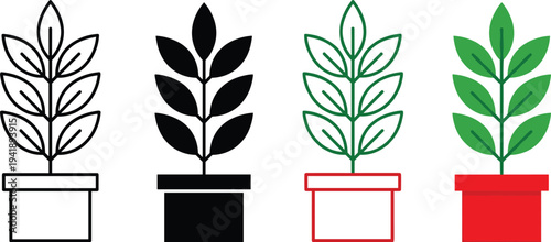 WebSet of four potted plant icons in different styles, including line art, solid black silhouette, colored outline, and flat design.