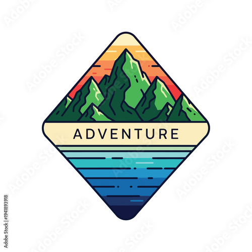 Minimalist outdoor adventure mountain and lake logo, nature landscape exploration badge design