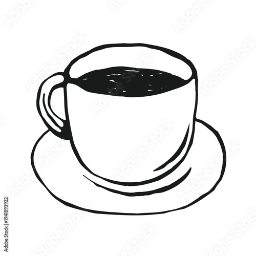Hand drawn whimsical coffee cup illustration on saucer with dark beverage inside