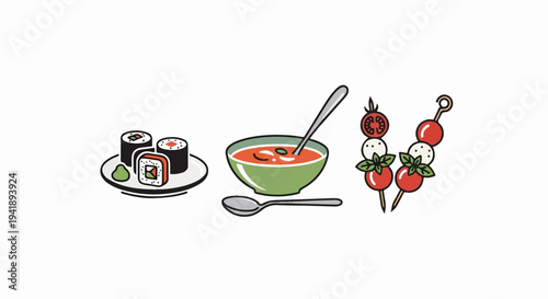 A colorful illustration of three dishes sushi, soup, and caprese skewers