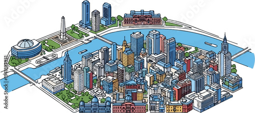 A colorful isometric cityscape with skyscrapers, river, and historic buildings