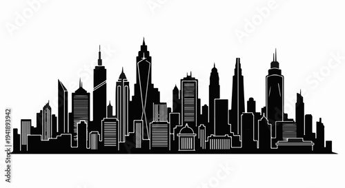 A black and white silhouette of a dense cityscape with varied skyscraper heights
