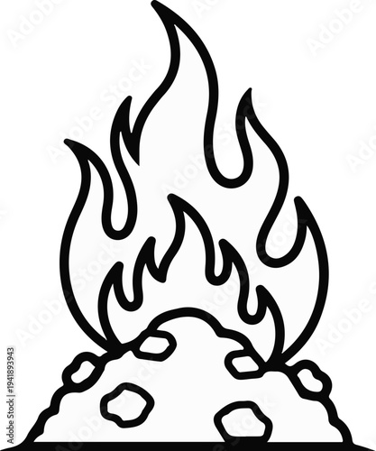 A bold black outline depicts a stylized bonfire with flames rising from a pile of rocks