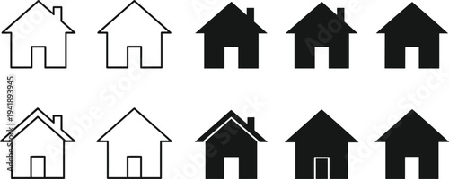 WebSet of house icons in flat and outline style, vector illustration of home symbols, residential building silhouettes, real estate icons