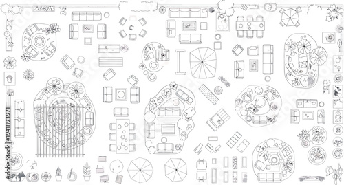 A blurry black and white image of architectural sketches isolated on transparent background