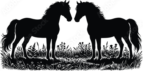 WebTwo majestic horses standing face to face in a meadow with wild flowers and grass, black silhouette vector illustration isolated