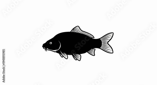 A bold black silhouette of a carp fish with white outline details