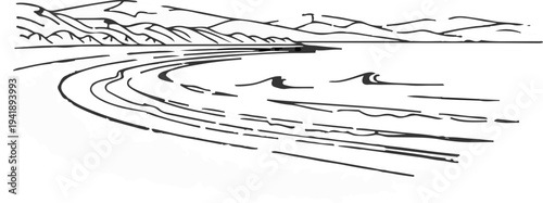 A black and white sketch of a coastline with gentle waves and distant mountains