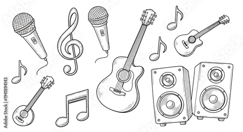 Musicians perform on stage with guitars, microphones, and speakers producing music.