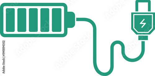 Vector Illustration of Battery Charging Icon with Cable and Lightning Bolt Symbol Representing Power Connectivity