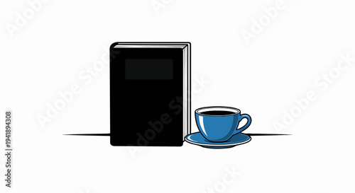A black book rests beside a blue cup and saucer filled with dark liquid