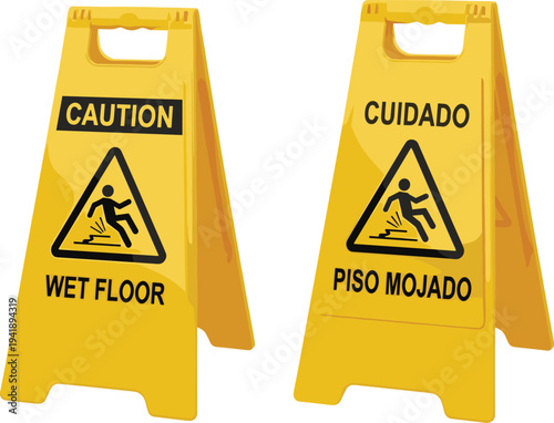 Vector Illustration of Bilingual Wet Floor Caution Signs in English and Spanish with Slippery Surface Symbol