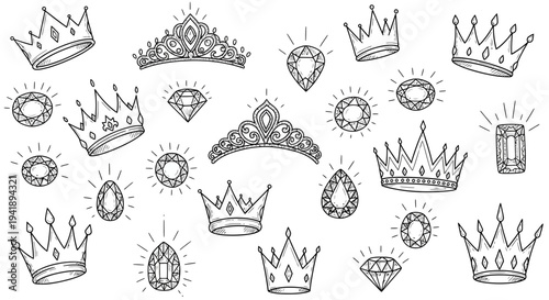 Collection of crowns and jewels illustration showcasing various designs and intricate details in a visually appealing arrangement