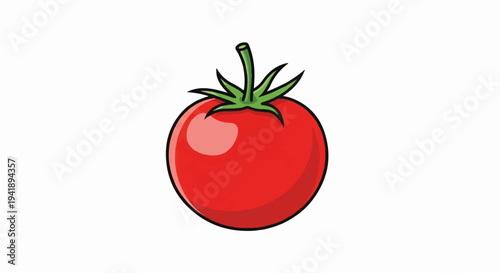 A bright red, round tomato with a green stem and leaves, isolated on white