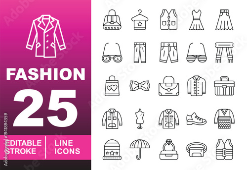 Fashion and Lifestyle Apparel Icons. Editable stroke icons for clothing and boutiques. Featuring dresses, vests, trousers, scarves, handbags, hoodies, sneakers, sunglasses, and mannequin symbols