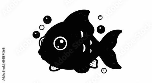 A black cartoon fish with big eyes and bubbles