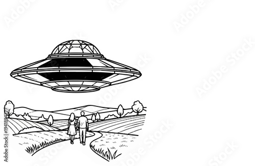 A couple walks through a rural landscape under a hovering alien spacecraft