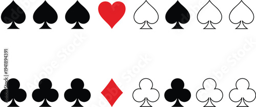 Cartoon playing card suit pattern with spades, hearts, clubs, and diamonds in outlined and solid design