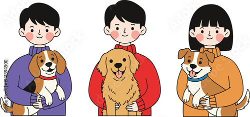 Cartoon vector illustration of cheerful children holding friendly dogs with colorful sweaters and playful expressions for pet projects