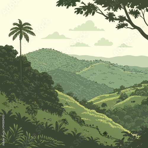 Rolling green jungle hills with dense vegetation and open sky