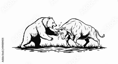 A bull and bear face off in a fierce illustration