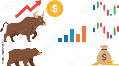 Cartoon vector illustration of bull and bear market icons with candlestick charts, coins, arrows, and financial trading design elements