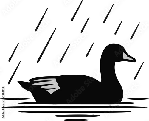 A black duck swims on choppy water during a downpour