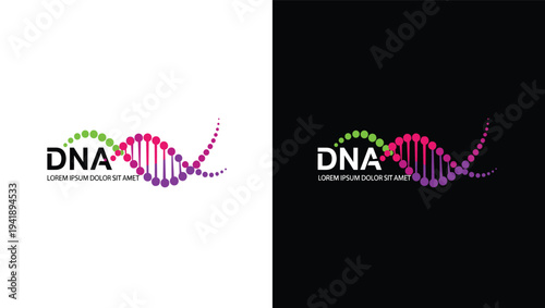 Vector Illustration of DNA Logo with Colorful Double Helix Design on White and Black Backgrounds