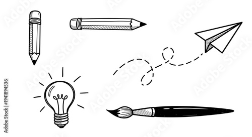 Creative art supplies illustration featuring pencil, paintbrush, lightbulb, and paper airplane in a simple line art style from a straightforward viewpoint