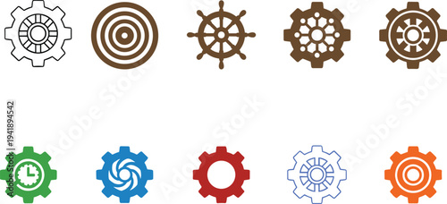 Cartoon vector illustration of colorful gears and wheels with unique mechanical designs for industrial, symbolic, and creative graphic projects