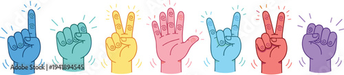 Cartoon vector illustration of colorful expressive hand gestures showing peace, fist, rock sign, and playful communication design