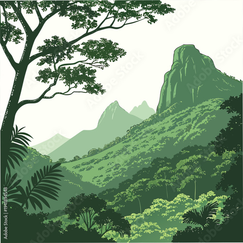 Tropical jungle mountains with vibrant foliage and rocky peak