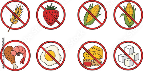 Vector Illustration of Eight Prohibited Food Icons Representing Dietary Restrictions and Allergy Awareness Concepts