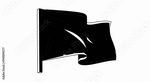 A black flag waves dramatically against a white background