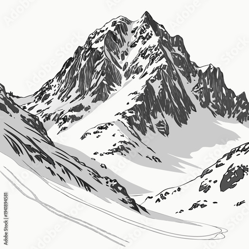 Frozen alpine mountain with thick snow layers and rocky peaks in grayscale