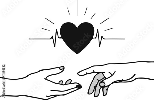A black heart with a heartbeat wave above two reaching hands