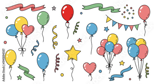 A colorful set of balloons, streamers, and stars floating in the air on a celebratory occasion viewed from directly above.