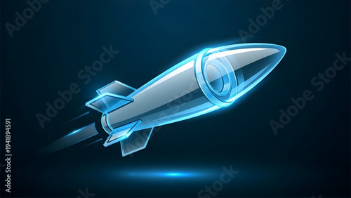 Futuristic Blue Crystal Missile Flying Through Space, Concept of Advanced Defense Technology.