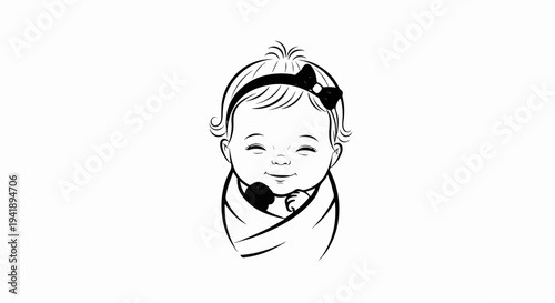 A black line drawing depicts a smiling baby wrapped in a blanket with a bow