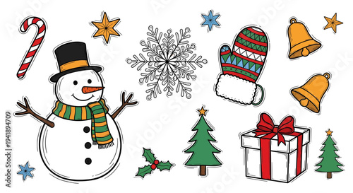 A festive winter scene featuring a snowman, mittens, and a gift surrounded by stars, snowflakes, and trees, viewed from a straightforward angle.