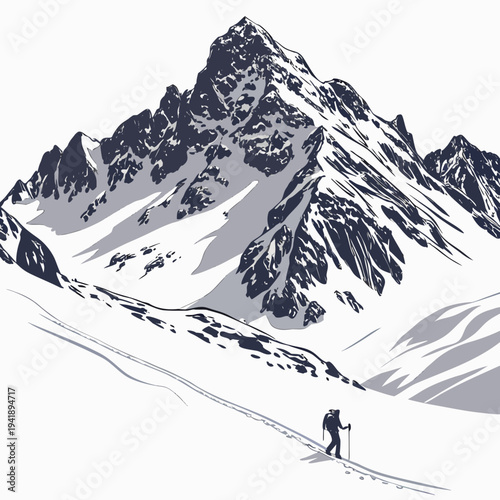 Monochrome of snow covered alpine mountain peak with hiker