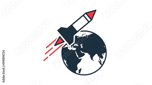 Missile Silhouette Striking Earth Globe, Concept of Global War and Nuclear Threat.