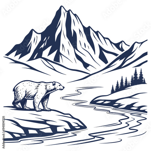 Polar bear standing by river with mountain range trees