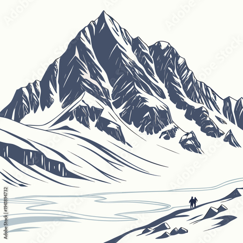 Massive icy mountain peak with layered snow ridges and two hikers